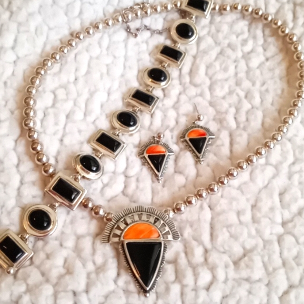 CAROLYN POLLOCK BLACK ONYX AND SPINNEY ORYSTER STERLING SILVER NECKLACE π€ - Picture 9 of 9